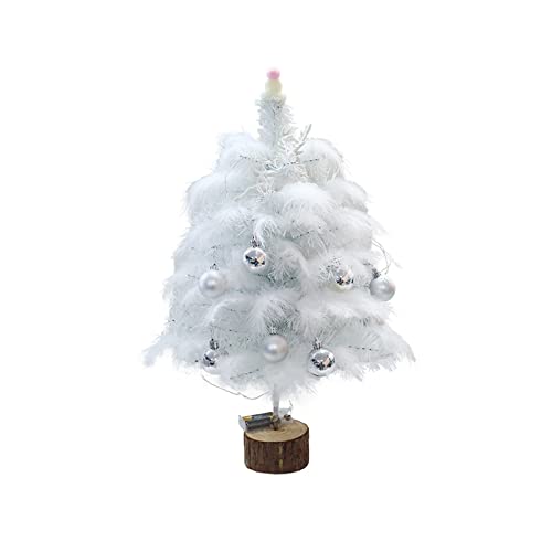 Kleiner Tisch-Weihnachtsbaum mit Hängenden Ornamenten, Künstliche Mini-Weihnachtskiefer, Weiße Federn, Bäume mit Holzsockel für Tisch, Schreibtisch, Zuhause, Weihnachten,(45cm ohne Licht) von LKPOMI