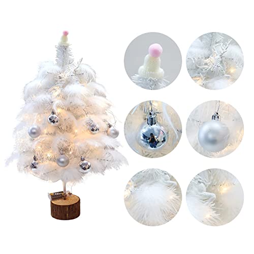 Kleiner Tisch-Weihnachtsbaum mit Hängenden Ornamenten, Künstliche Mini-Weihnachtskiefer, Weiße Federn, Bäume mit Holzsockel für Tisch, Schreibtisch, Zuhause, Weihnachten,(60cm mit Licht) von LKPOMI