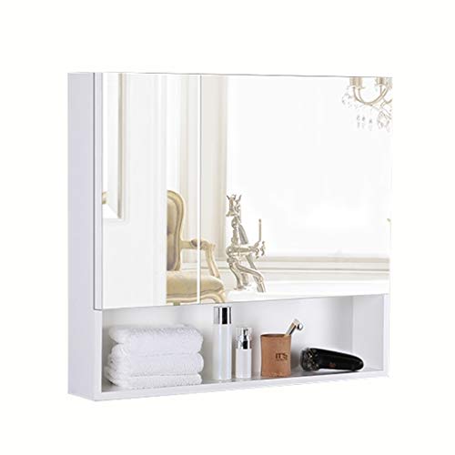 LLMTYO Badezimmerschrank mit Spiegel, Doppeltür, Wandmontage, Glas, Badezimmer, 3-lagiges Regal, Aufbewahrungsbox, wasserdicht, Push-Pull-Spiegeltür (weiß, 80 x 70 x 13 cm) von LLMTYO
