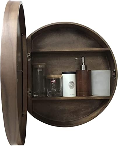 Spiegel, runder Badezimmerspiegelschrank, an der Wand montierter Badezimmer-Aufbewahrungsschrank, Küchenschrank, Badezimmerschrank mit Schiebetür, Ankleidespiegel, Geschenk, (Walnussfarbe, 50 cm) von LLMTYO