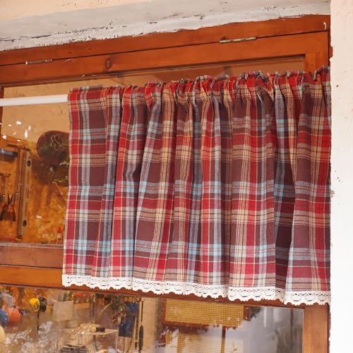 LNGFSH Scheibengardinen Gardine Kurzstores Grün Baumwoll Kariert Kurzvorhang Kurzgardinen Küchengardine Küchenvorhang Küche Vorhang Fenster Kurz Stores Bistrogardine (Rot,BxH 140x150cm) von LNGFSH