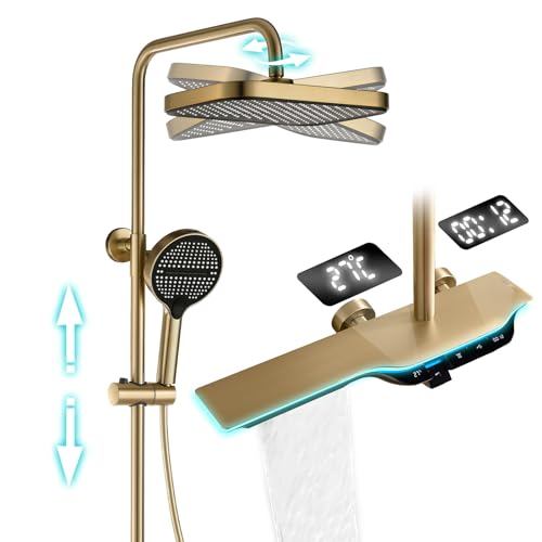 LNXGJJ Duschsystem mit Thermostat, Duscharmatur Komplettset Digitaler Bildschirm Regendusche Set Gebürstetes Gold Duschset mit Regenbrause Duschkopf, Handbrause, Wasserfall Badewannenarmatur von LNXGJJ