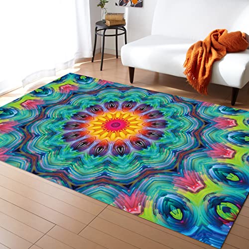 LNXSESN Teppich Gelbgrünes Mandala Fußmatte Polyester Verdicken Teppich Wohnzimmer Aussen rutschfest Schmutzfangmatte Weich Fussmatte Innen Fußmatte Außen Waschbar Fussmatte Aussen 50x80cm von LNXSESN