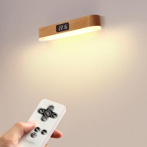 LED Wandleuchte Holz Innen, Wandlampe Dimmbar USB Aufladbare mit Fernbedienung Touch Control, Akku Kabellos Nachttischlampe ohne Stromanschluss mit Uhren und Timing Magnetische Nachtlicht Leselampe,B LED Wandleuchte Holz Innen, Wandlampe Dimmbar USB Aufladbare mit Fernbedienung Touch Control, Akku Kabellos Nachttischlampe ohne Stromanschluss mit Uhren und Timing Magnetische Nachtlicht Leselampe,B von LOGT