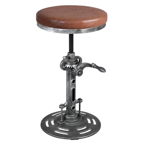 LOKKHAN American Antique Steampunk Deco Vintage Industrial Bar Cafe Stool, Retro Stylish Cast Iron Base Swivel Round Leather Top, Easily Adjusts by Crank Handle von LOKKHAN