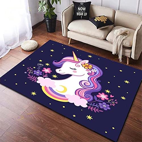 LOMDEM Kinderzimmerteppich Wohnzimmer Regenbogen Einhorn Kinderteppiche Teppich Kinder Schlafzimmer Schwarz Rosa Teppich Mond Blumen Einhorn Teppich für Schlafzimmer Spielzimmer (Farbe 2,160x200 cm) von LOMDEM