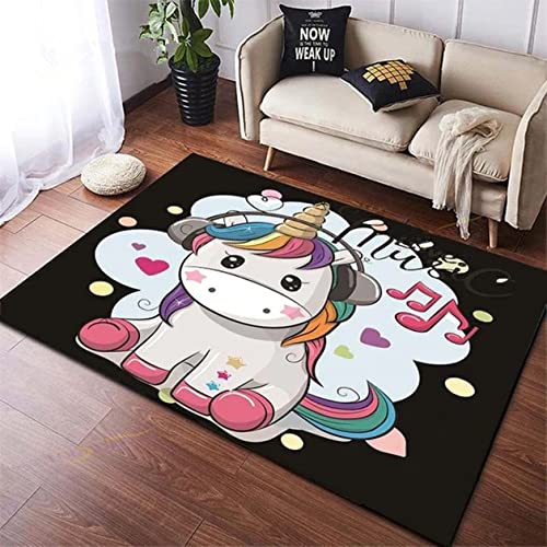 LOMDEM Kinderzimmerteppich Wohnzimmer Regenbogen Einhorn Kinderteppiche Teppich Kinder Schlafzimmer Schwarz Rosa Teppich Mond Blumen Einhorn Teppich für Schlafzimmer Spielzimmer (Farbe 5,160x200 cm) von LOMDEM