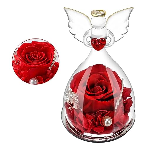 LOMUG Ewige Rose im Glas, Forever Rose in Engelsfigur aus Glas, Handgefertigte Forever Rose, Ewige Rose Geschenke für Frau, Oma, Freundin, Mama, Geburtstag, Valentinstag, Hauptdekor von LOMUG