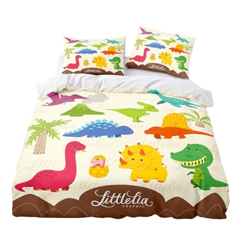 LOMUG Kinderbettwäsche 100x135 cm mit Dino-Motiv, Kopfkissen und Bettdeckenbezug, BabybettwäscheKinder, Baby Bettwäsche Set, Bettwäsche für Mädchen Jungen, maschinenwaschbar (Dino-D) von LOMUG