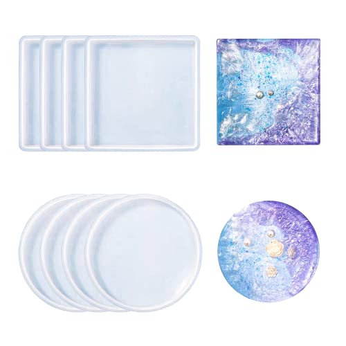 LOREC 8 Pcs Resin Silikonform Untersetzer Rund/Quadrat Epoxidharz Formen Silikon Silikonformen Epoxidharz Untersetzer Set Geeignet für Untersetzer,Kerzenhalter,DIY Bastelprojekte,Heimdekoration von LOREC