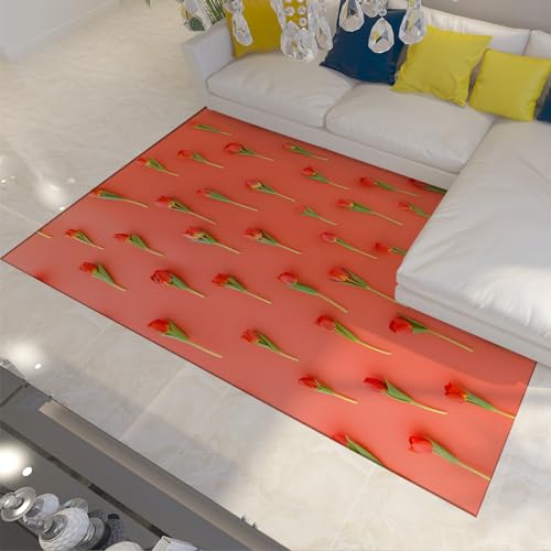 LOTIKS Tulpen Blumenbereich Teppich Wassermelone rot Muster Design Teppich für stark frequentierte Bereiche im Wohnzimmer Schlafzimmer Maschinenwaschbar 160x220cm von LOTIKS