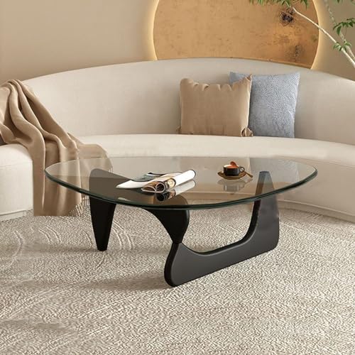 Dreieckiger Couchtisch, moderner Couchtisch (Holzgestell + dreieckige Glasplatte), für Wohnzimmer, Terrasse, Arbeitszimmer, Lounge, Büro,Black + Clear,Large von LOVEHOUGE