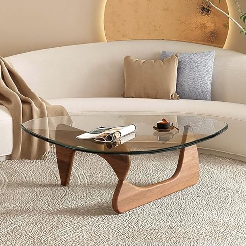 Dreieckiger Couchtisch, moderner Couchtisch (Holzgestell + dreieckige Glasplatte), für Wohnzimmer, Terrasse, Arbeitszimmer, Lounge, Büro,Walnut + Clear,Small von LOVEHOUGE