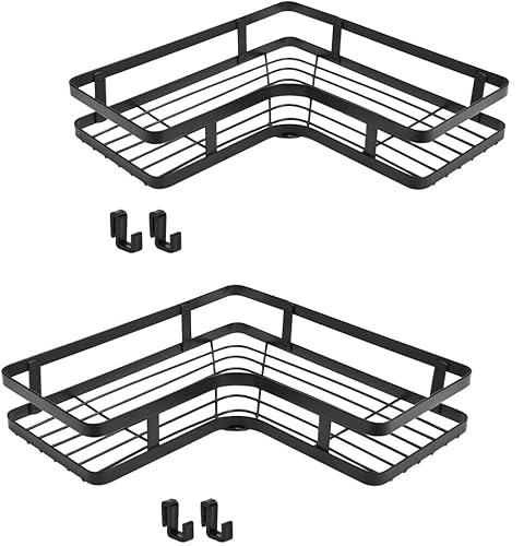LPAMABA 2er Set Duschablage ohne Bohren Duschregal Ecke Duschkorb Dusche Eckablage Eckregal Badezimmer Organizer Regal Ecke Badablage Badregal Shampoo Dusche Halterung Dusch Organizer 4 Haken Schwarz von LPAMABA