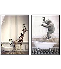 LPFNSF Badezimmer Bilder Bad Tier Giraffe Elefant in der Badewanne Bild Lustige Wandkunst Drucke Leinwand Poster des Badezimmers Ohne Rahmen.(Style 3,20x30cm*2) von LPFNSF