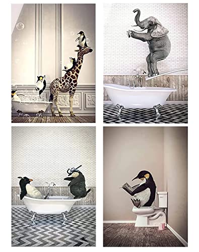 LPFNSF Badezimmer Bilder Bad Tier Giraffe Elefant in der Badewanne Bild Lustige Wandkunst Drucke Leinwand Poster des Badezimmers Ohne Rahmen.(Style 2,40x60cm*4) von LPFNSF