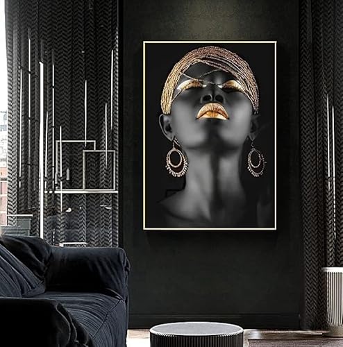 Moderne Leinwand Bild Gold Schwarze Lippen Leinwandbild, Weibliches Wohnzimmer, Schlafzimmer, Home Decoration Poster, Gerahmtes Poster (Stil 2, 40X60CM) von LPFNSF