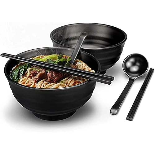 2-Sätze (6-teilig) Kunststoff japanische Ramen Suppenschüssel, 1300ml/35 Oz große Nudelschale Set für Suppe, Salat, Reis-Nudelschalen mit passenden Löffeln, Essstäbchen, Geschirrspüler sicher von LQDMAER
