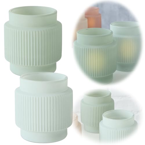 LS-LebenStil 2X Vintage Glas Teelichthalter Grün Mint 8x7cm Set Retro Relief Windlichthalter Kerzenständer von LS-LebenStil