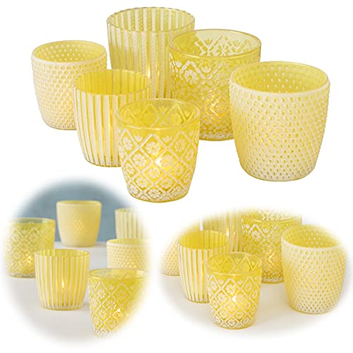 LS-LebenStil 6X Glas Teelichthalter Retro Gelb Weiß 7-9cm Windlicht-Halter Kerzenständer von LS-LebenStil