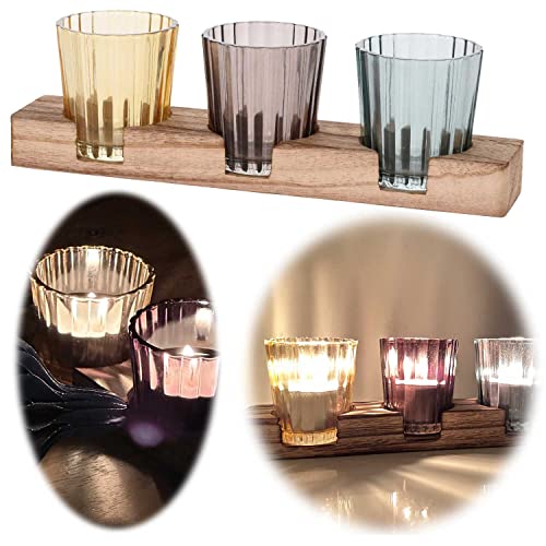 LS-LebenStil Retro Holz Teelichthalter geflammt 3 Teelichtgläser Multi-Colour 23cm Gelb Grau Windlicht Kerzen-Tablett von LS-LebenStil