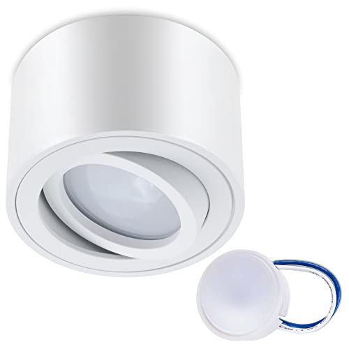 LUMILED Aufbaustrahler Aufbauleuchte Aufputz Deckenlampe Spot, flach schwenkbar (rund weiß) Downlight aus Aluminium, inkl. wechselbarem Modul LED INSERT 5 W, 230V, Warmweiß 3000K, ⌀80x50mm von LUMILED