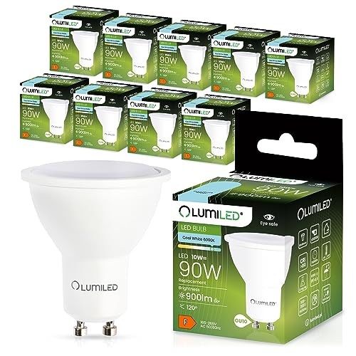 LUMILED GU10 LED, 10W 900 Lumen Leuchtmittel, 6500K kaltweiß Birne Lampe Strahler Spot, ersetzt 90W Halogenlampen, 120° Grad Strahlwinkel Reflektorlampen Reflektor 10 Stück Energiesparlampen von LUMILED