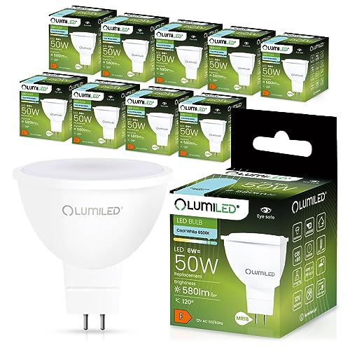 LUMILED GU5.3 LED Lampen Leuchtmittel Spot 10 Stück Set MR16 6W (entspricht 50W Halogen Glühlampen) 6500K Kaltweiß 12V 580 Lumen 120° Abstrahlwinkel Spots Glühbirnen Halogenleuchte kalt von LUMILED