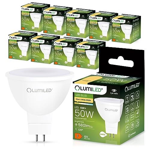 LUMILED GU5.3 LED Lampen Leuchtmittel Spot | 10 Stück Set MR16 | 6W (entspricht 50W Halogen Glühlampen) 3000K Warmweiß 12V 580 Lumen | 120° Abstrahlwinkel Spots Glühbirnen Halogenleuchte warm von LUMILED