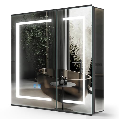 LUMIRRORS® Spiegelschrank Bad mit LED Beleuchtung 65x60cm Rasierersteckdose Beschlagfrei Touch-Schalter Badezimmer Mattschwarz Aluminium Wandschränke Badschrank Hängeschrank Badspiegel von LUMIRRORS