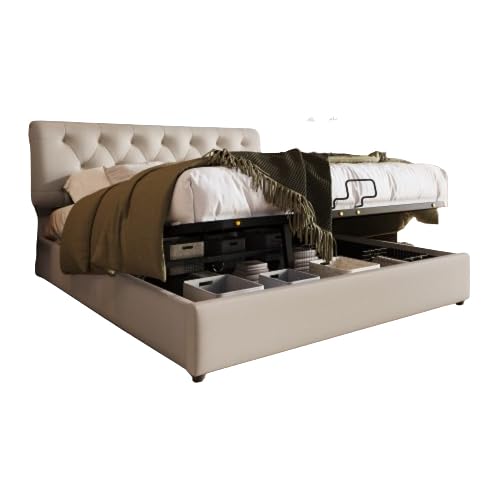 LUNEX HOME Bett aus Massivholz und Leinen mit großem Stauraum und verstellbarem Kopfteil, Beige (Matratze nicht im Lieferumfang enthalten), 160 x 200 cm von LUNEX HOME