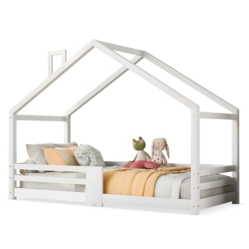 LUNEX HOME Hüttenbett aus Kiefernholz, 90 x 200 cm, für Kinder, mit Kamin, Lattenrost, Fallschutz und Aufbewahrung, Weiß (weiß) von LUNEX HOME