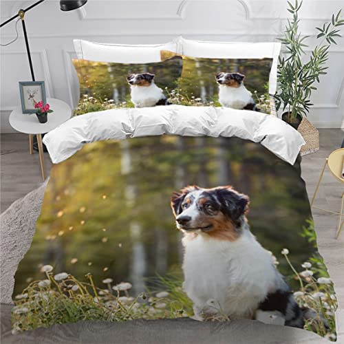 LUORU Bettwäsche 135x200 Kinder Bettwäsche Set Australian Shepherd, Sonnenuntergang mit Blumen Bettbezug Teenager Mädchen Junge Flauschige Betten Set 3 Stück, 2 Kissenbezug 80 x80 cm von LUORU