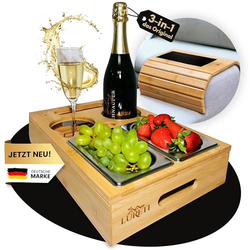 LURETI® Couchbar Snackbox 3-in-1 [inklusive EXTRA rutschfestes Sofatablett] 2 Snackschalen & 2 Getränkehalter - Holz Couch Tablett für Sofa - ideal als Snackbar, Butler, Organizer Tablett - Couch Bar von LURETI