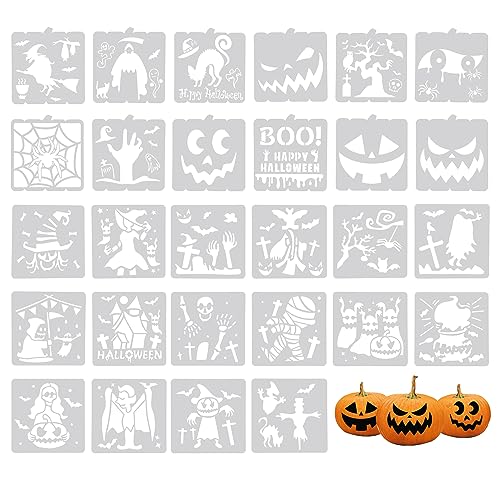 28 Stück Halloween Schablonen, Schablonen zum Malen Kürbisfledermaus-Spinnengeist-Elemente Schablonen für Holz für Scrapbooking Basteln Holz Wanddekoration von LUTER