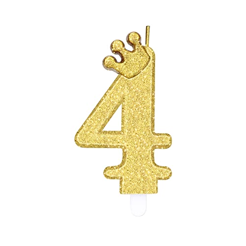 8,5cm Zahlen Geburtstagskerzen, 0-9 3d Kerzen Torte Zahlen mit Krone Number Candle Glitzer Zahlen Kerzen für Geburtstagstorte Jubiläumsfeiern (Gold; 4) von LUTER