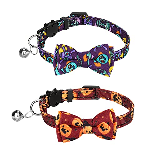 LUTER 2 Stücke Halloween Katzenhalsbänder Breakaway Katze Halsband mit Glocke Abnehmbare Katzen Halsbänder Sanft Verstellbarer Kragen für Hunde und Katzen Haustiere(Kürbis, Schädel) von LUTER