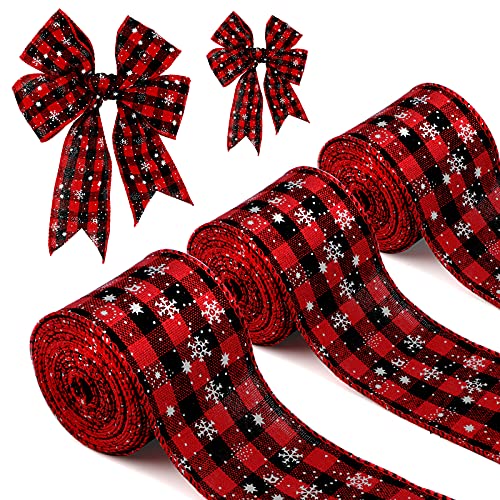 LUTER 3 Rollen 6,4cm x 6m Weihnachten Kariertes Sackleinen Band, Weihnachten Schneeflocke Band Wickelbänder Ornamente für Frohe Weihnachten Hochzeit Festival Haus Dekoration (Schwarz, Rot) von LUTER