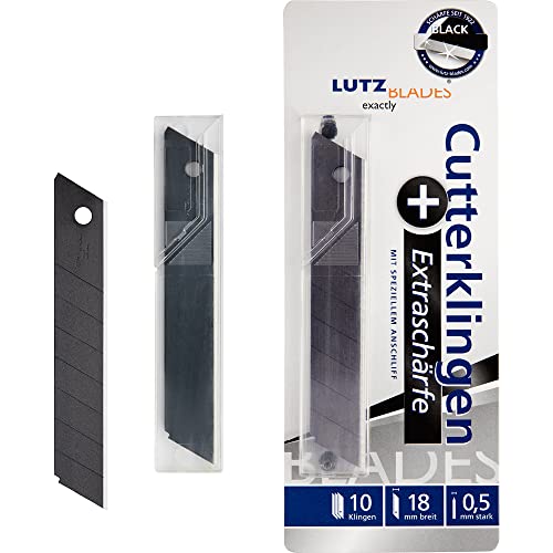 LUTZ BLADES Profi Cuttermesser Klingen schwarz, 18mm, 0,5mm stark, 10 extra scharfe Ersatzklingen für Cutter- und Teppichmesser, Folienmesser, für Teppich, Lederarbeiten, nasse Tapete und mehr von LUTZ BLADES exactly