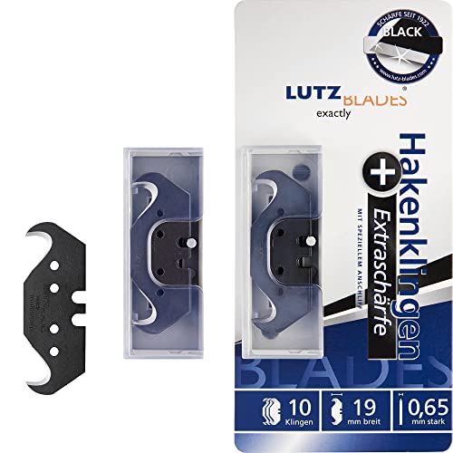 LUTZ BLADES Profi Hakenklingen schwarz, Cuttermesser 18mm 0,5mm stark, 10 extra scharfe, präzise Ersatzklingen für Cutter- und Teppichmesser, für Teppich, Lederarbeiten, nasse Tapeten, Folienmesser von LUTZ BLADES exactly