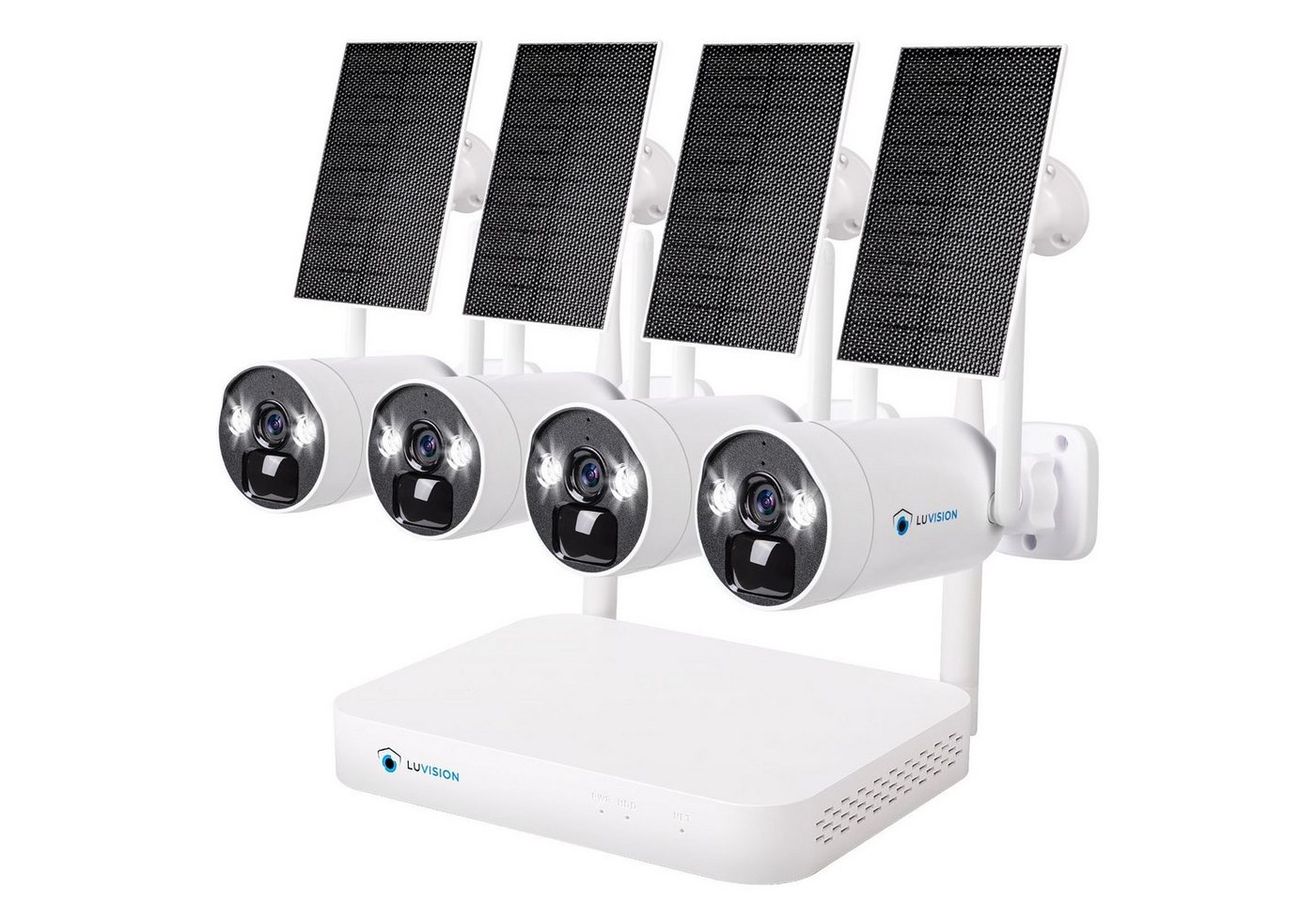 LUVISION Überwachungskamera (Außen- und Innenbereich, 4-tlg., WLAN Solar Akku Überwachungssystem 4 Kanal Funk Kamera Set Mikrofon, Cloud, 2-Wege Audio, 10CH NVR, Solarpanel, Batterie, PC Client & App) von LUVISION