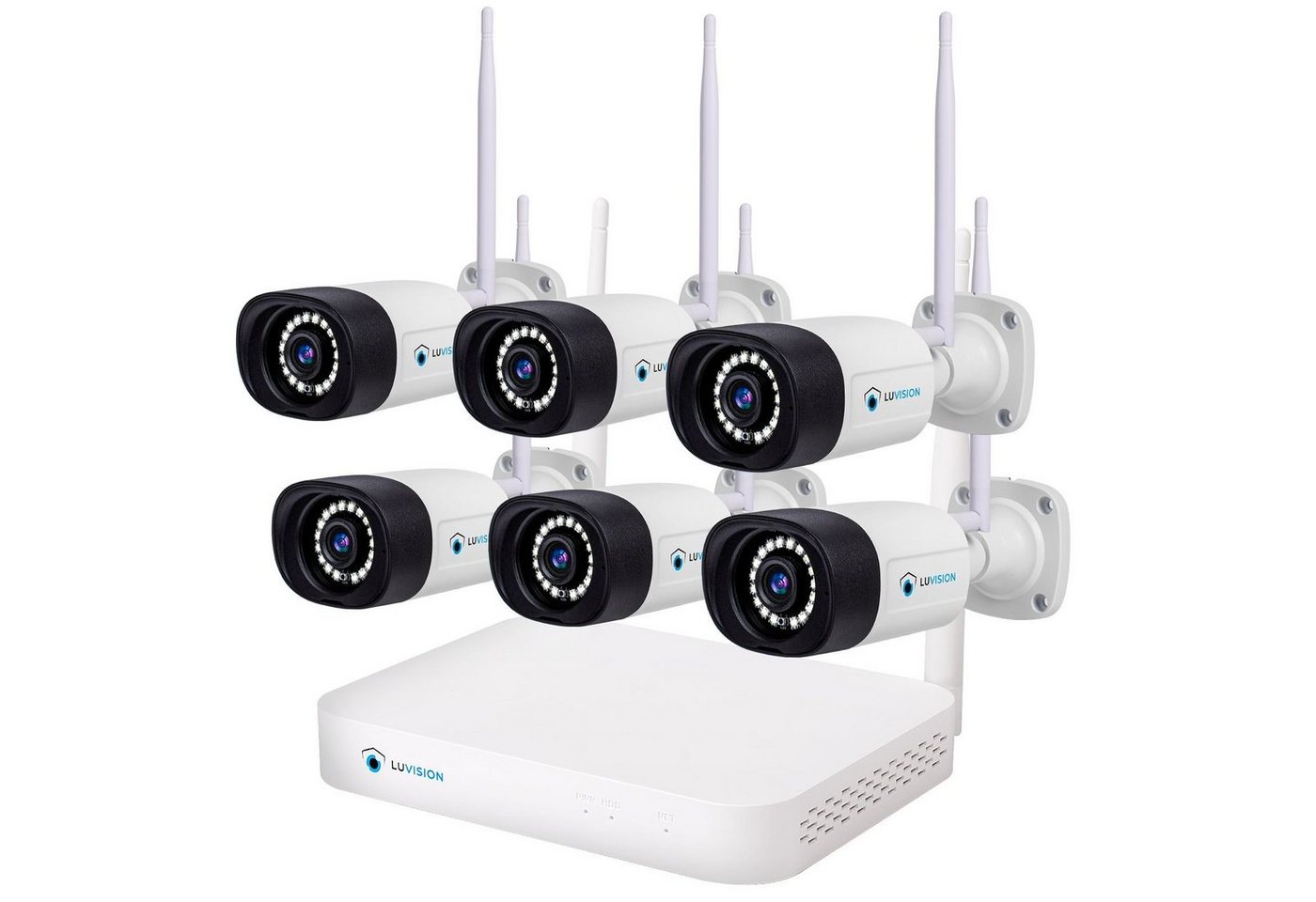 LUVISION Überwachungskamera (Außen- und Innenbereich, 6-tlg., WLAN Funk Überwachungssystem 6 x IP Überwachungskamera Set Mikrofon, Cloud, Audio, 10 Kanal NVR, Smarte farbige Nachtsicht) von LUVISION