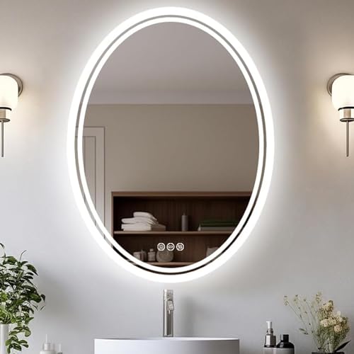 LUVODI Badezimmerspiegel oval mit Hintergrundbeleuchtung: LED Badspiegel Oval 50x70 cm Spiegel Wandspiegel Lichtspiegel Beleuchtet Beschlagfrei Dimmbar 3 Lichtfarbe - IP56 Wasserdicht von LUVODI