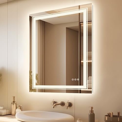 LUVODI Badspiegel mit Beleuchtung 80x60cm: LED Wandspiegel mit Hintergrundbeleuchtung und Frontbeleuchtung Badezimmerspiegel Anti-Beschlag mit 3 Touch-Schalter Dimmbar Lichtspiegel 3000K 4500K 6000K von LUVODI