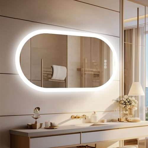 LUVODI Oval Badspiegel mit Hintergrundbeleuchtung: 120x60 cm Großer LED Badezimmerspiegel mit 3 Touch-Schalter, Beschlagfrei, Dimmbar, 3 Lichtfarbe Einstellbare für Bad Flur Garderoben Spiegel von LUVODI