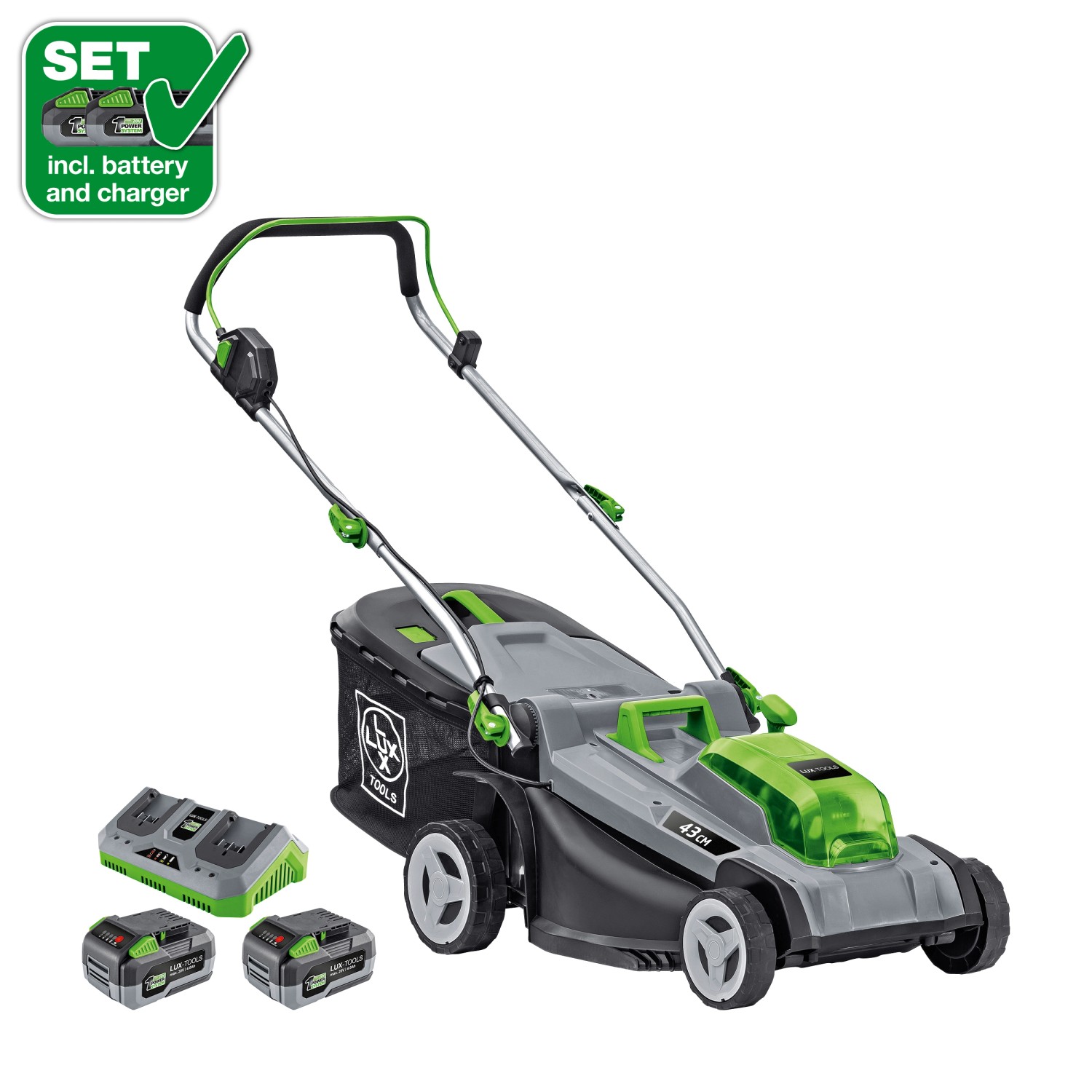 LUX 40V Akku-Rasenmäher 1 PowerSystem A-RM-2x 20/43 Set 2x 20V Akkus LUX 40V Akku-Rasenmäher 1 PowerSystem A-RM-2x 20/43 Set 2x 20V Akkus von LUX-TOOLS