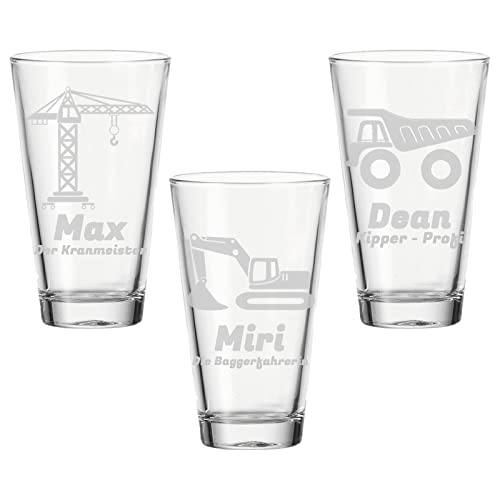 LUXENTU Kinderbecher Trinkgläser mit Gravur, 3er Set Baustellenfahrzeuge, 300 ml, Wasserglas Kinderglas mit Baustellen-Motiv & personalisierter Namensgravur für Kinder, Spülmaschinengeeignet von LUXENTU