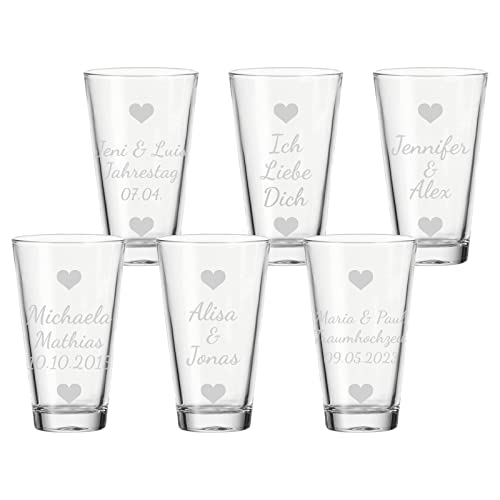 LUXENTU Trinkglas mit Gravur, 300 ml, 6 Stück, Wasserglas mit Herzchen-Motiv gefüllt, Personalisierte Gläser für die Hochzeit & Verlobung, Spülmaschinenfest, jeweils 3 Zeilen konfigurierbar von LUXENTU