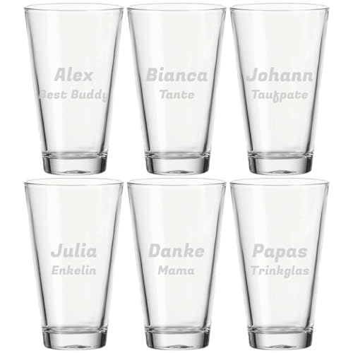 LUXENTU Trinkglas mit Gravur, 300 ml, Universalgläser mit personalisierter Namensgravur für Kinder & Erwachsene, Spülmaschinengeeignet, Name gerade, 6 Stück von LUXENTU