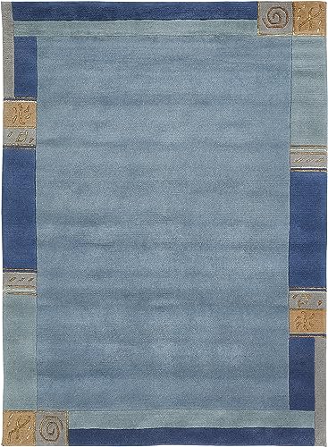 -LUXOR- living Teppich Wolle, Nepalteppich, Kurzflor, handgeknüpft, Bordüre Wollteppich, für Schlafzimmer und Wohnzimmer, Größe:40 x 60 cm, Farbe: Blau von -LUXOR- living